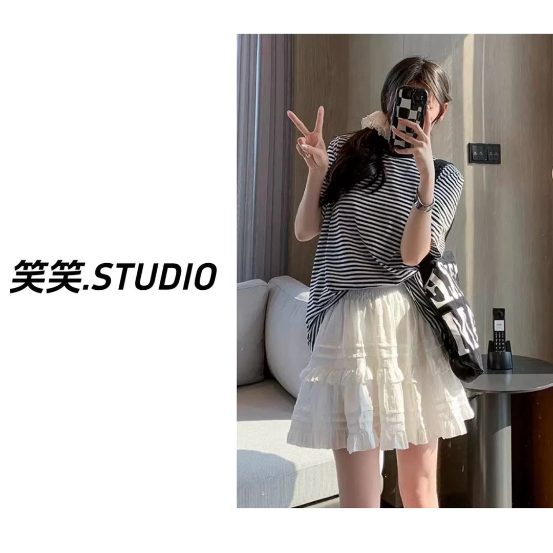 笑笑-【蕾丝蛋糕短裙】韩版减龄2025新款高腰显瘦百搭A字白色短裙