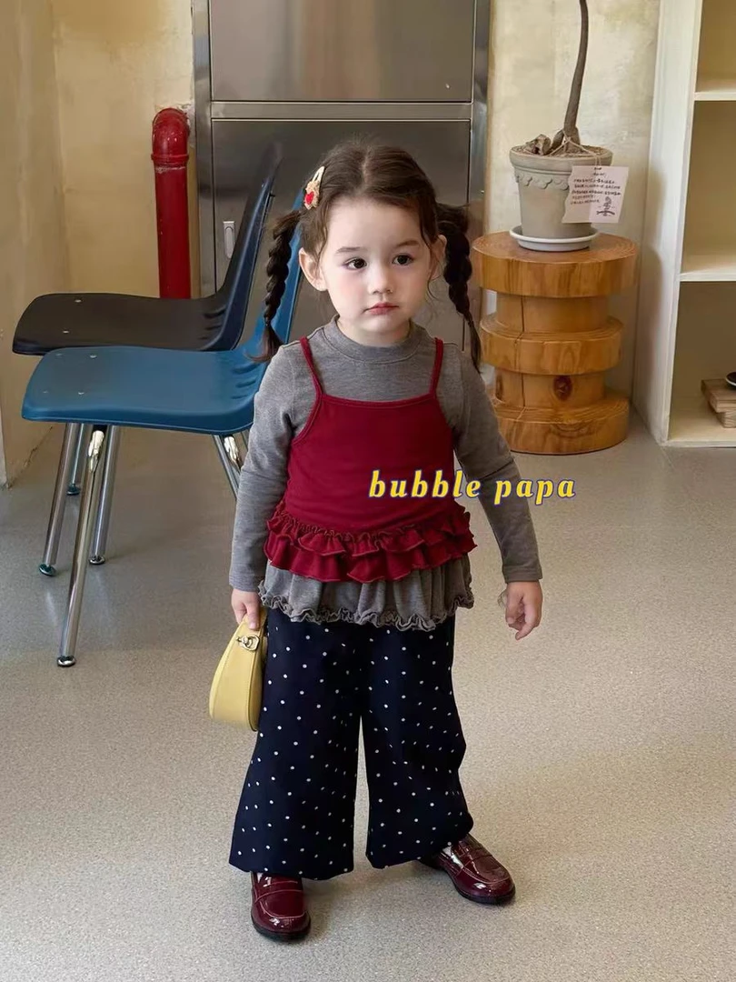 童装2025秋新款女童小童韩版吊带木耳边T恤两件套上衣波点长裤