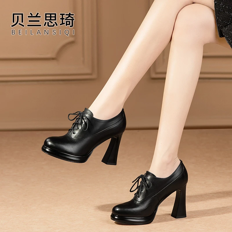 真皮圆头厚底系带深口粗跟单鞋女2025春秋季新款防水台高跟鞋5793