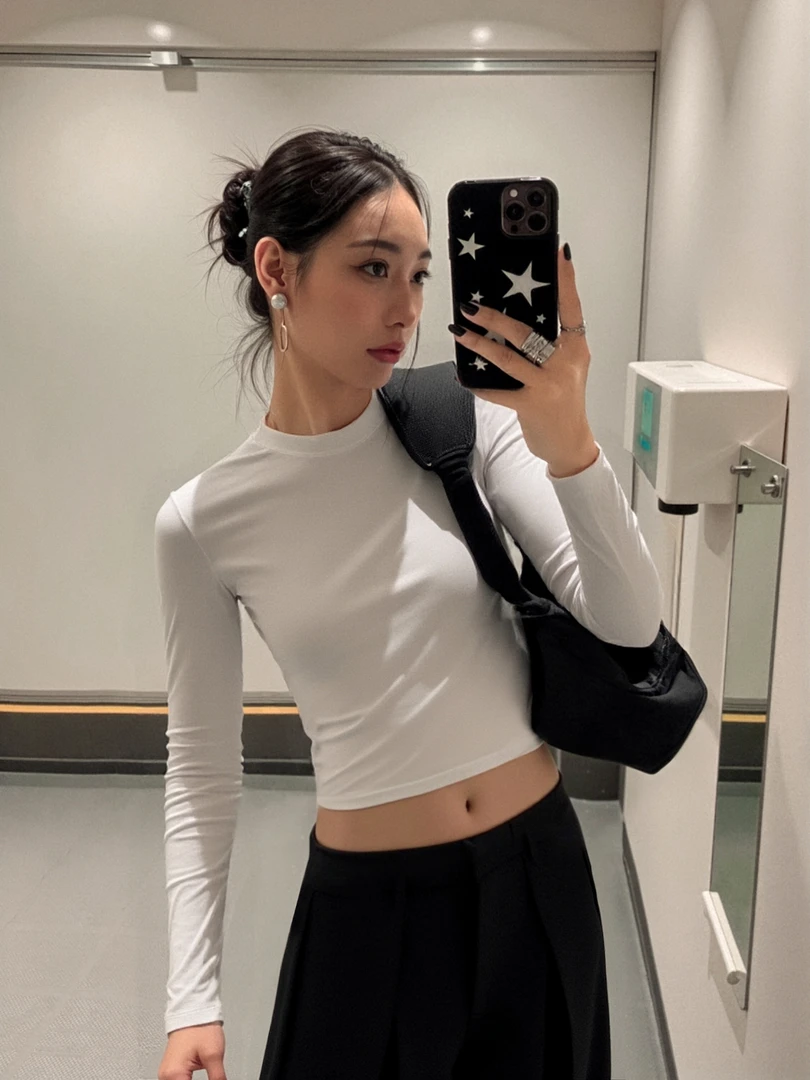 美式白色正肩长袖t恤女2025春秋修身紧身短款内搭打底衫早秋上衣