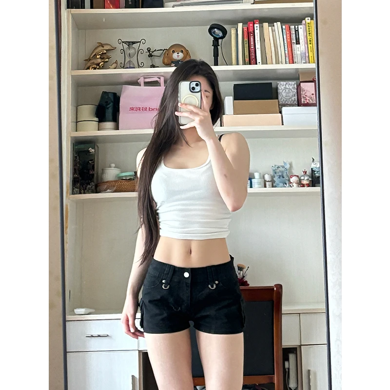 美式复古黑色低腰修身牛仔超短裤女夏季新款百搭显瘦辣妹热裤