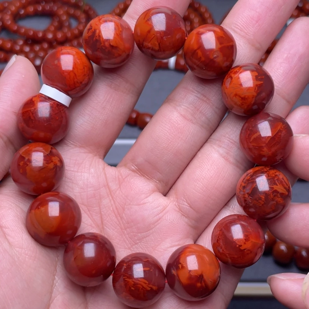 南红玛瑙未镶嵌配饰16mm瓦西牛血红火焰纹圆珠手串