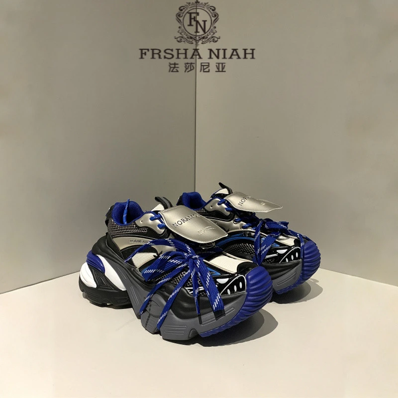法莎尼亚新款潮牌男鞋高级感克莱因蓝色老爹鞋痞帅解构新款老爹鞋
