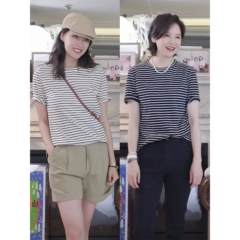 轻奢慵懒~兰精天丝醋酸横条纹撞色圆领短袖T恤