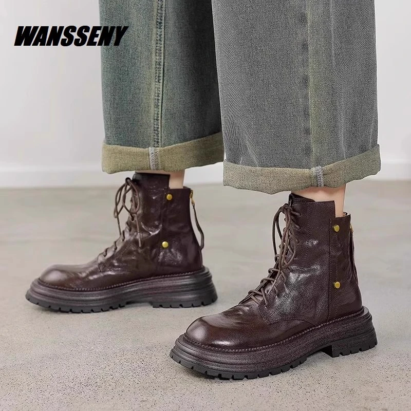 WANSSENY2025年软牛皮厚底真皮短靴女秋冬款圆头复古英伦风马丁靴