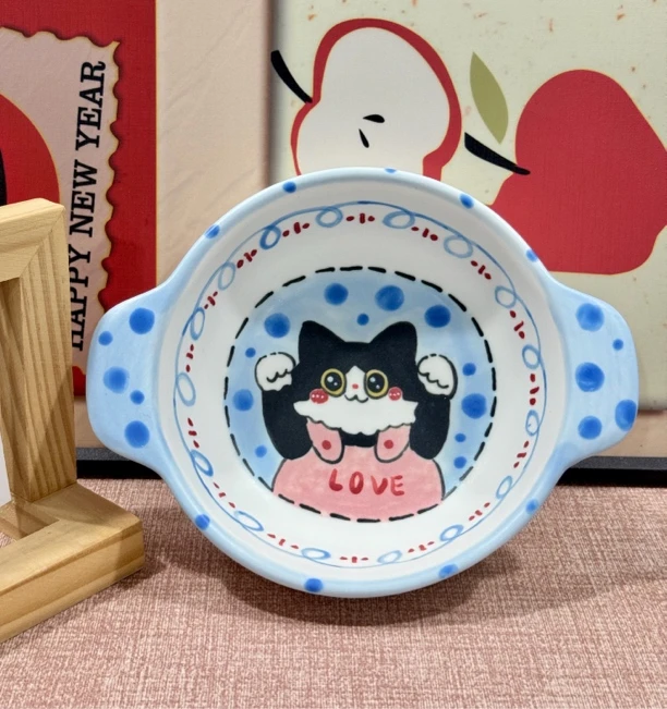 景德镇时光绘馆 创意手绘高温釉下彩陶瓷 奶牛猫蓝色波点双耳碗