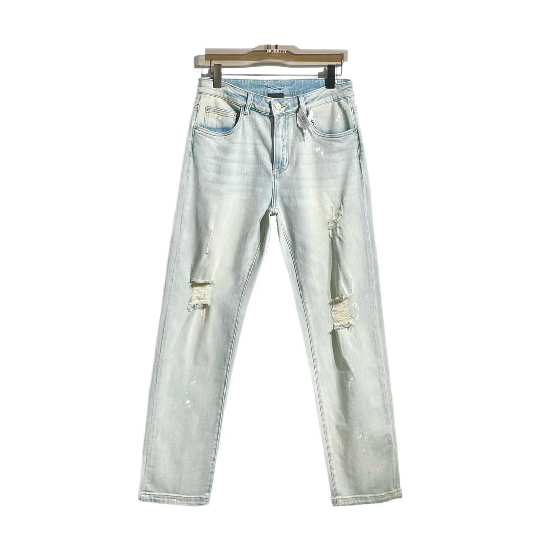 【奢潮定制】夏季新款1768水洗浅蓝色直筒潮牌破洞装饰潮流牛仔裤