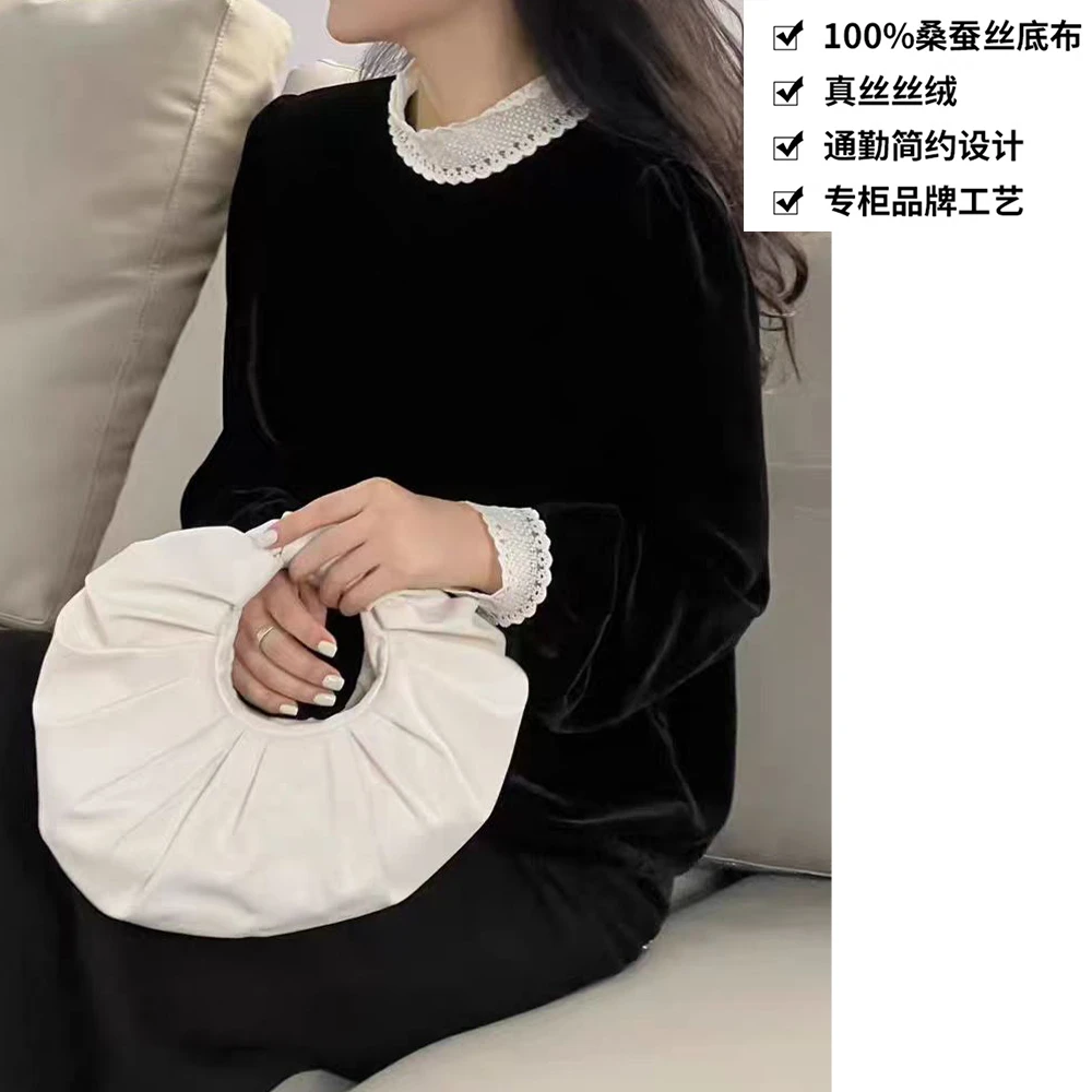 100桑蚕丝丝绒小众立领飘带设计真丝衬衣丝绒衬衫上衣QKA22