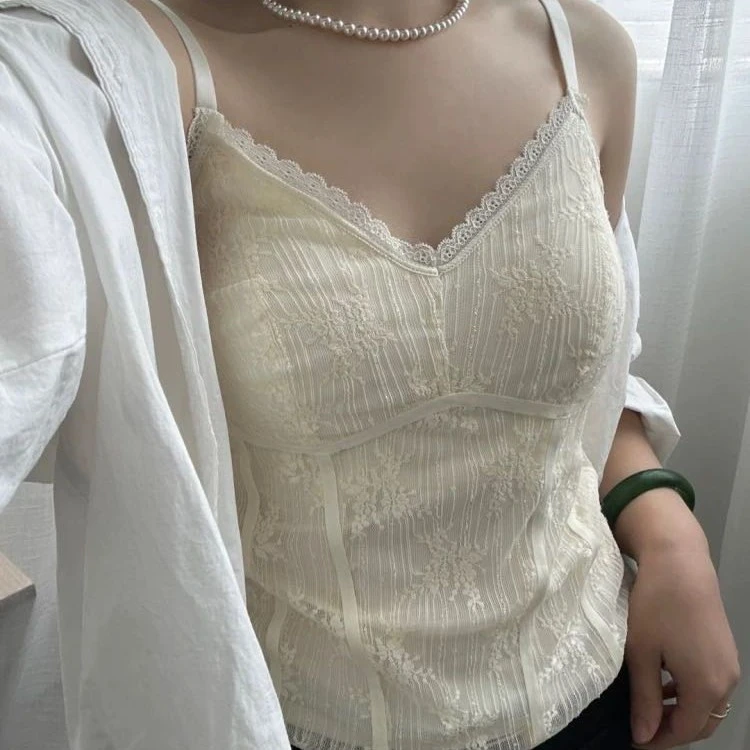 露思同款•V领蕾丝自带胸垫一体式固定杯吊带背心2513