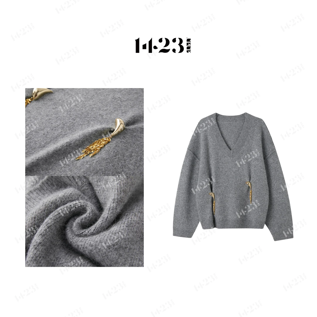 1423【慵懒灰调】兔毛混纺柔软舒适保暖流苏胸针简约百搭针织毛衫