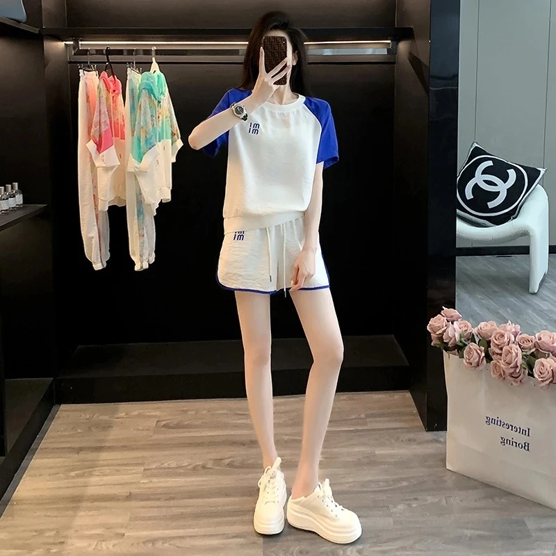 网红蓝色女装休闲运动套装女新款宽松显瘦炸街减龄短袖短裤两件套