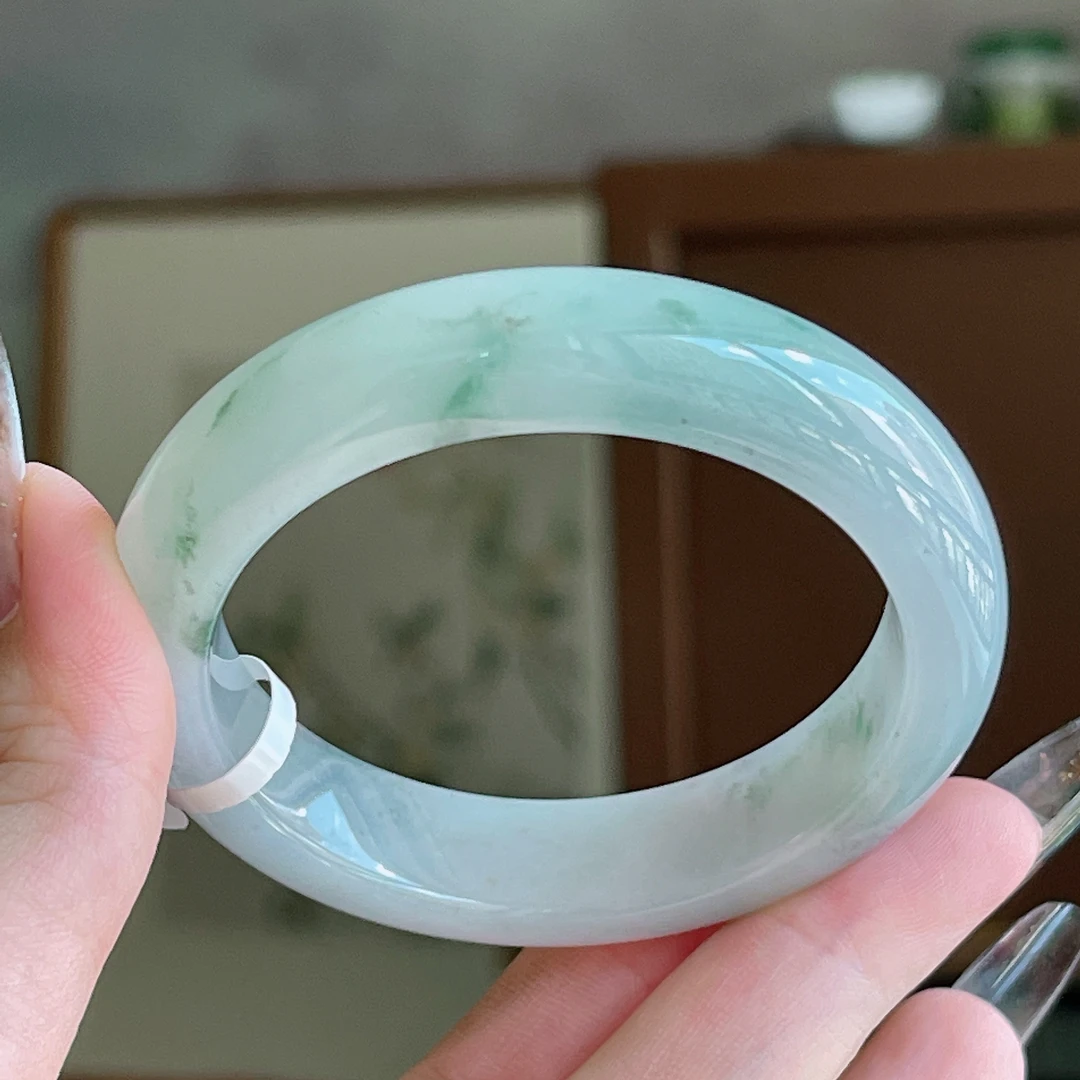 冰胶冰绿飘花正圈51翡翠手镯2024033025PH