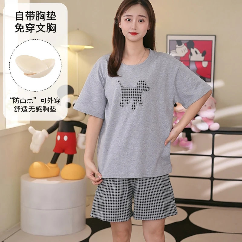 夏季睡衣女带胸垫套头短袖短裤可外穿休闲家居服套装22700