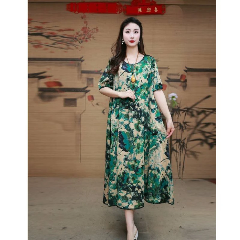 妮可【荷塘月色】卡码往大拍碎花裙女装宽松显瘦连衣裙气质短袖