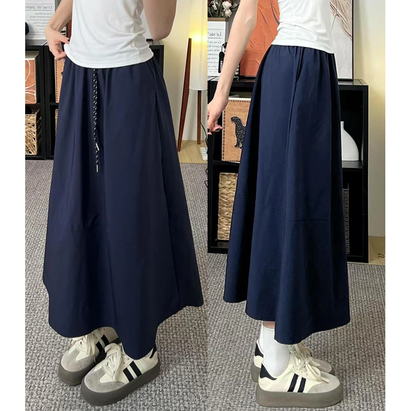 藏青色新款长裙女夏季薄款2025新款小个子宽松垂感休闲慵懒半身裙