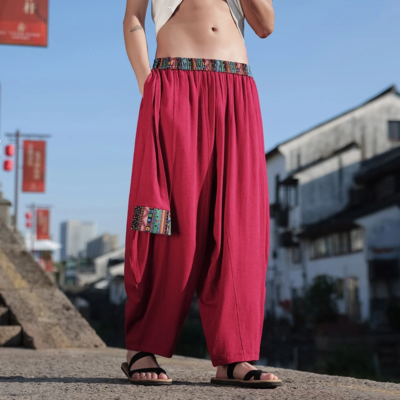 新中式棉麻裤子男春夏中国风潮牌大码宽松阔腿直筒男款古风休闲裤