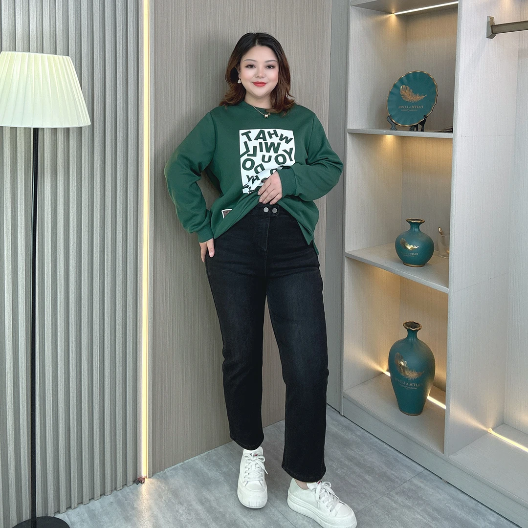 大码胖mm九分牛仔裤女春秋季宽松显瘦弹力小个子萝卜直筒裤烟管裤
