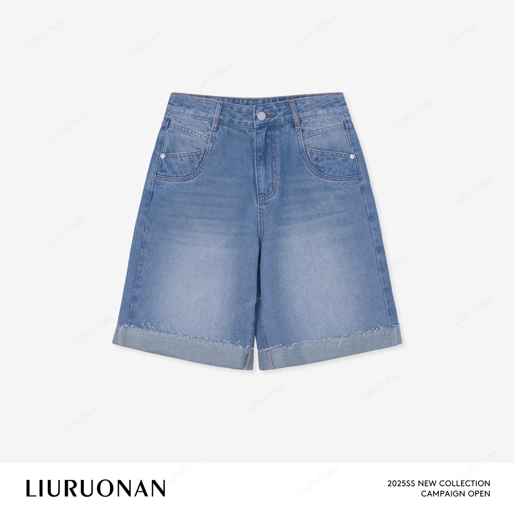 LIURUONAN 25SS 纯棉休闲百搭卷边牛仔短裤春夏新款直筒显瘦裤女