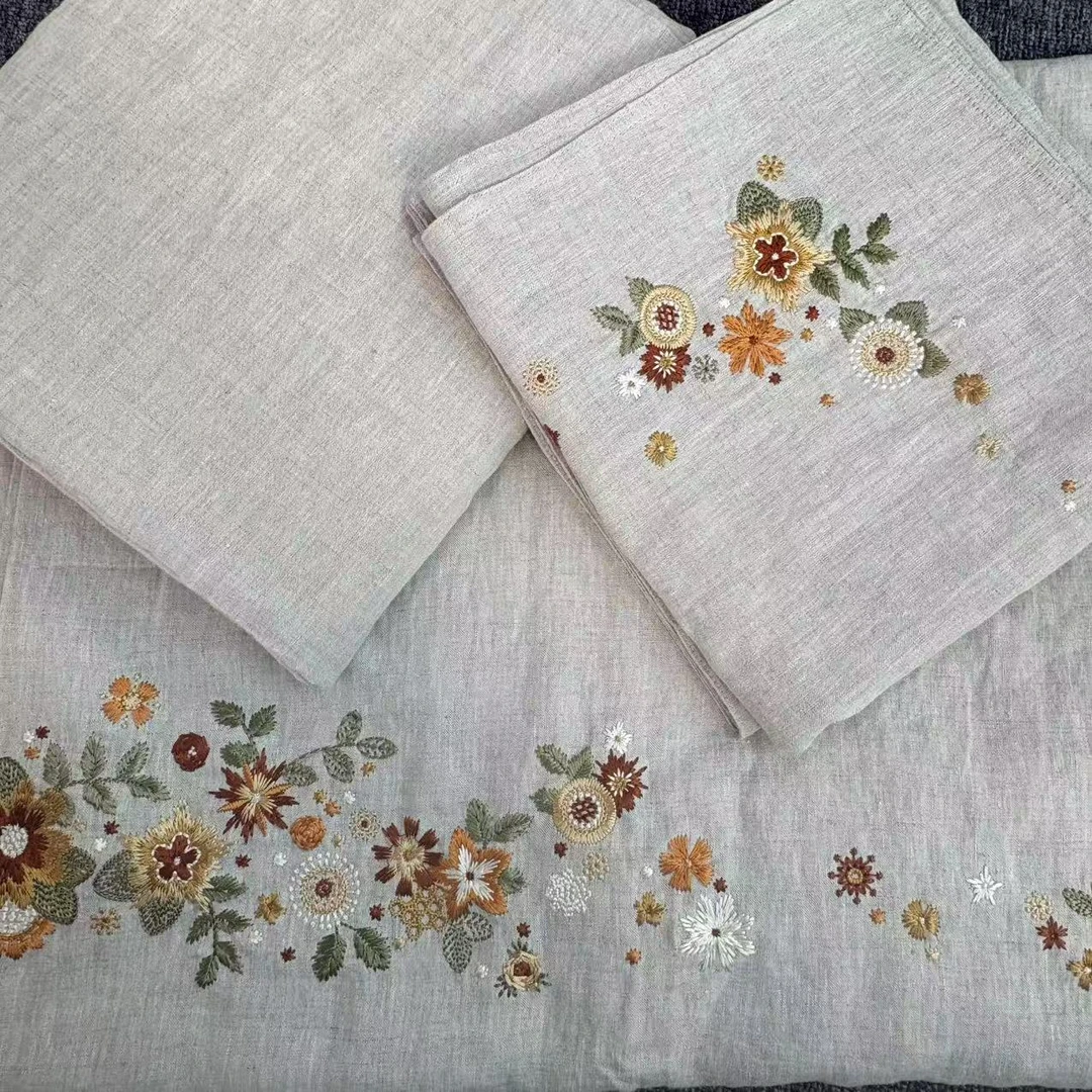 高端尾单：100%双雨露汉麻四件套重工刺绣原创手绣款麻本色轻奢JWC