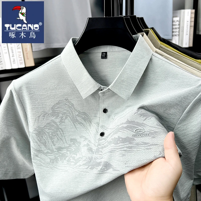 啄木鸟古风水墨印花短袖polo衫男款夏季轻奢简约宽松休闲翻领T恤
