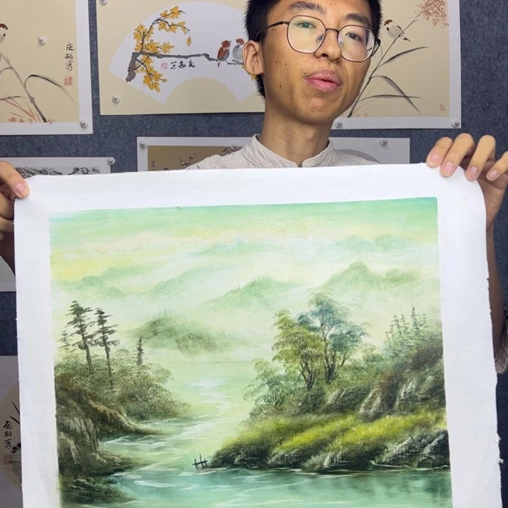 国画纯手绘油画青绿山