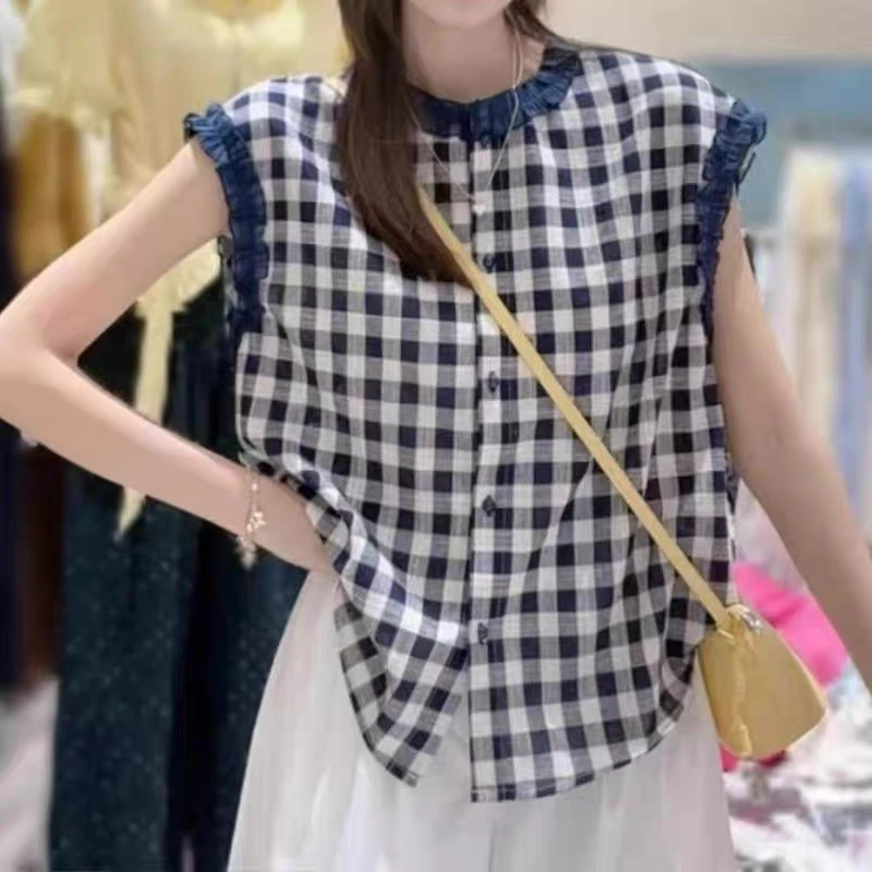 2025新款夏季法式设计感时尚百搭小众蕾丝花边格子衬衣女无袖上衣