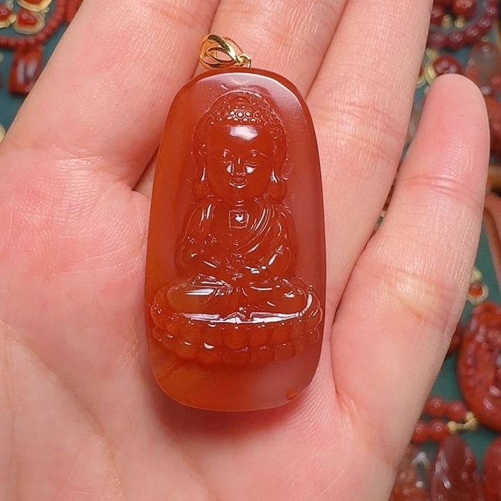 南红玛瑙18K金镶嵌普贤吊坠南红