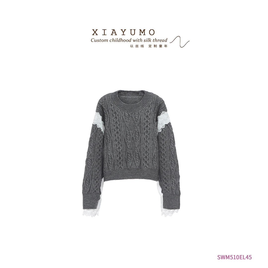 夏羽墨女童秋冬上新灰色拼接蕾丝边圆领毛衣时尚百搭气质日常穿搭