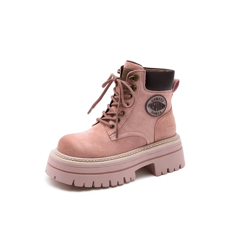 三福真皮马丁靴女2025秋冬新款厚底增高粉色小个子英伦风工装短靴