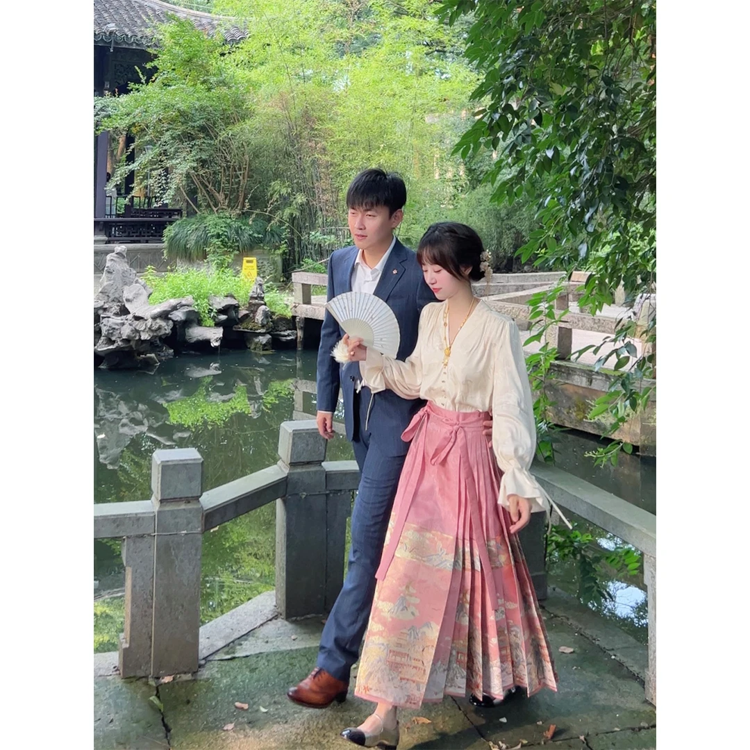 GA盈瓷 [天上宫阙]粉色马面裙夏季薄款小个子半身长裙 23FW0002