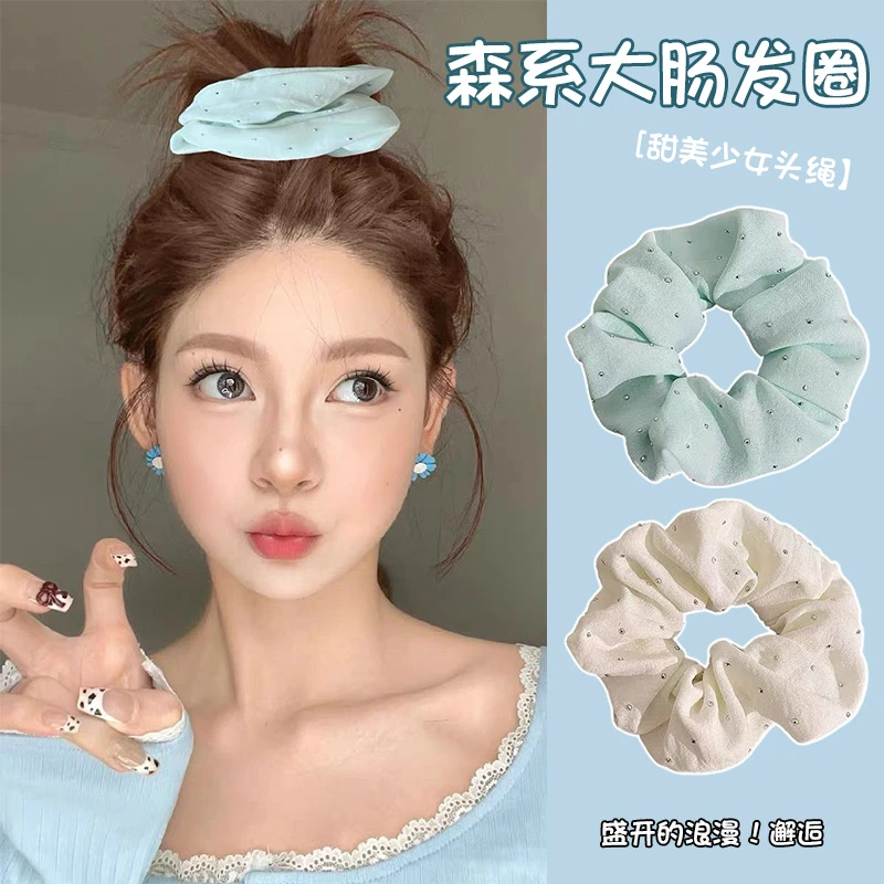 薄荷曼波绿大肠发圈女夏天侧马尾肥肠头绳韩系温柔满天星头花发饰