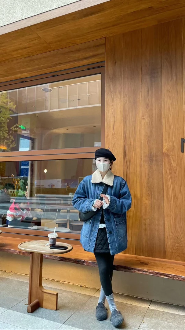 白色羔毛领衣牛仔中长款羽绒服女～衣长75