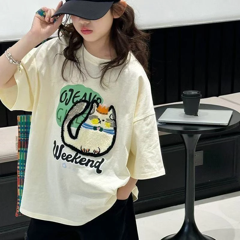 【可爱猫咪】夏季纯棉女童亲子装短袖T恤卡通上衣夏季宽松韩范潮童