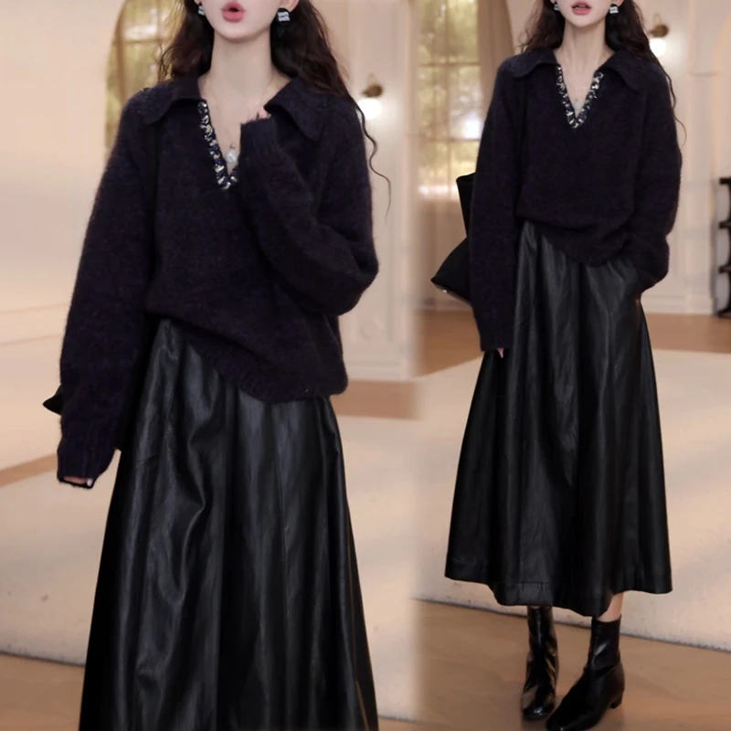 2026早秋新款纯色polo翻领V领针织开衫长袖松紧腰半身裙时尚套装