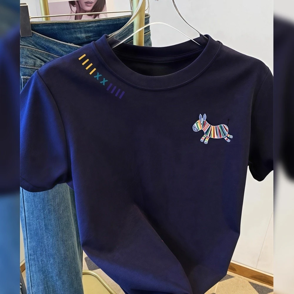 藏蓝色彩虹小马印花正肩短袖T恤女2025夏季新款独特漂亮别致上衣