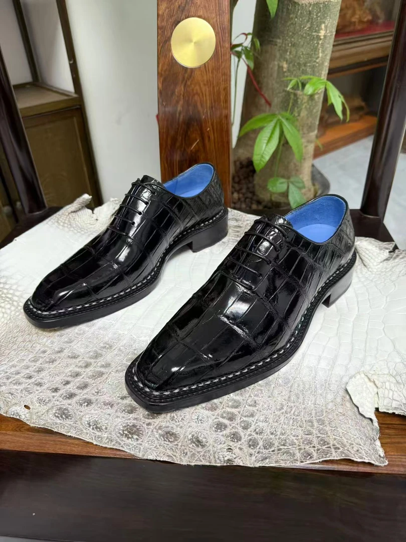 尼罗鳄鱼皮一件过系带5线挪威缝黑色男士商务鞋纯手工经典时尚
