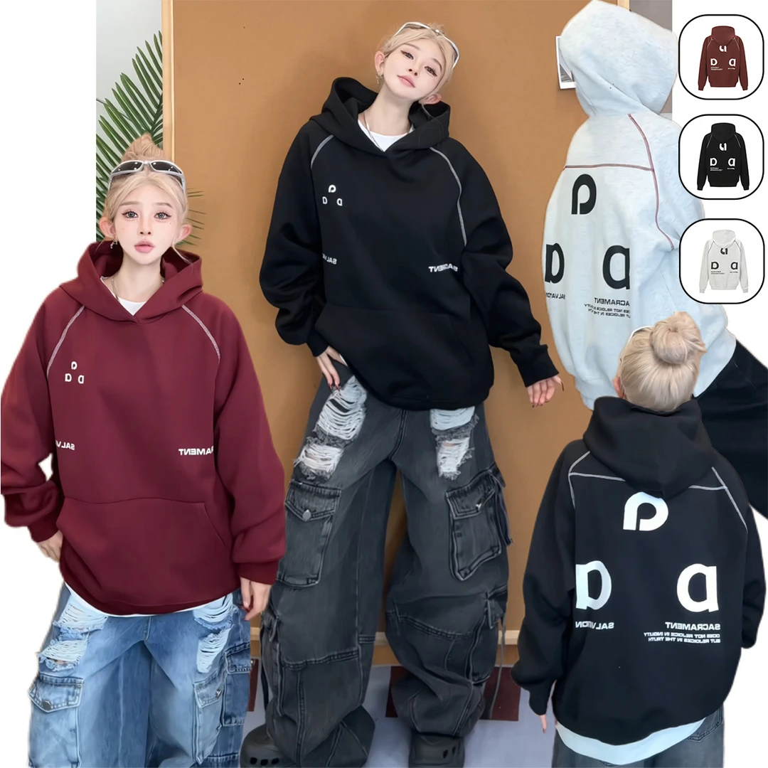 漂亮炮灰美式复古字母印花连帽卫衣日系春秋男女宽松潮流帽衫外套