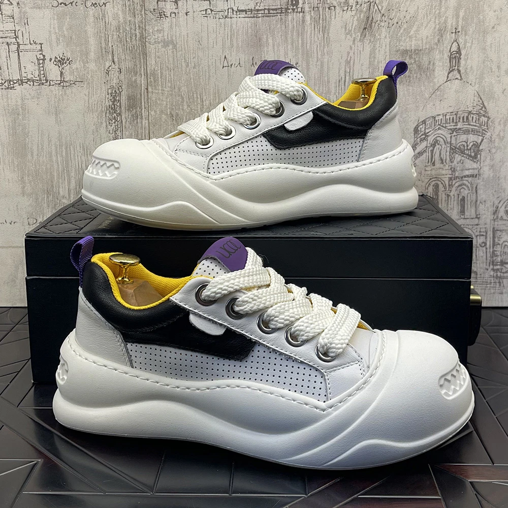 夏季新款头层牛皮镂空透气低帮圆头增高时尚休闲鞋小众老爹鞋单鞋