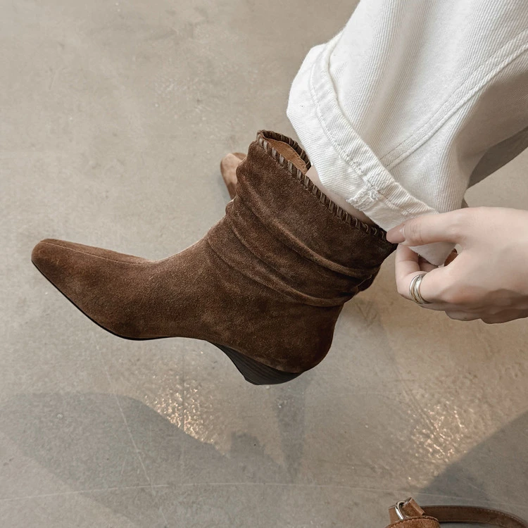 2025新款小众款编织堆堆靴女小方头中筒短靴显瘦时装靴