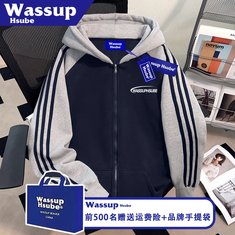 WASSUP HSUBE美式炫酷印花外套连帽开衫秋冬拉链男个性三条杠卫衣
