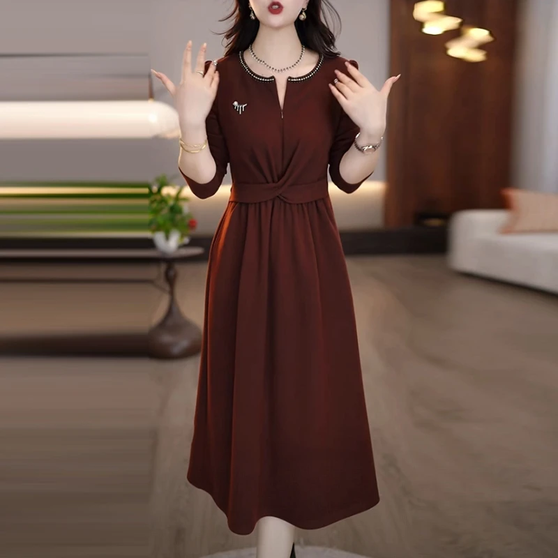 磨毛精纺气质轻奢女装2025秋冬季新款长袖时尚中长款打底连衣裙子