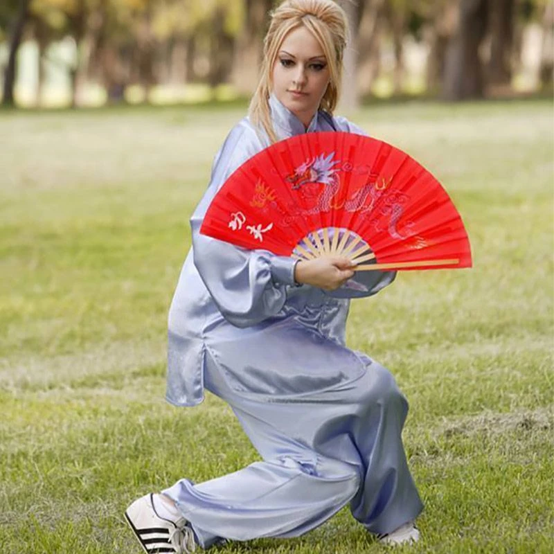 太极扇折扇中国风竹扇红色高档武术扇儿童表演扇双扇响扇长城武术