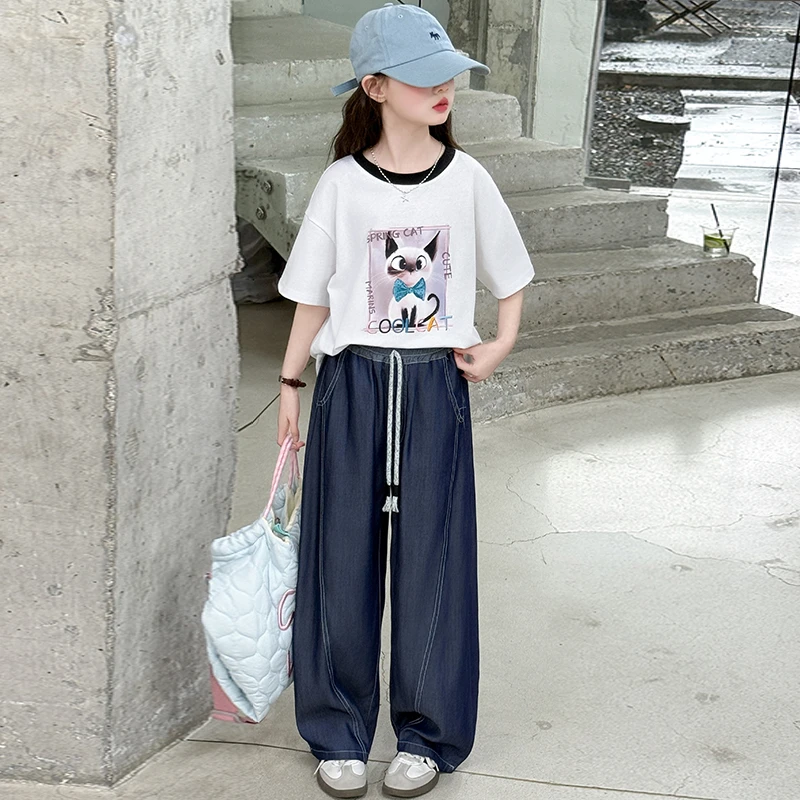 女童夏季洋气时髦短袖套装2025新款女大童休闲薄款牛仔裤儿童夏装