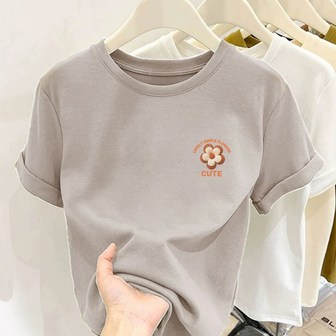 2025新款圆领左胸CUTE橙花印花纯棉短袖T恤女时尚小个子显瘦上衣