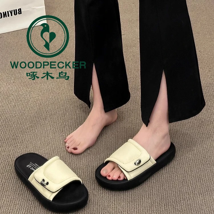 啄木鸟小香风一字拖鞋女2025夏季厚底外穿魔术贴休闲软底沙滩凉拖
