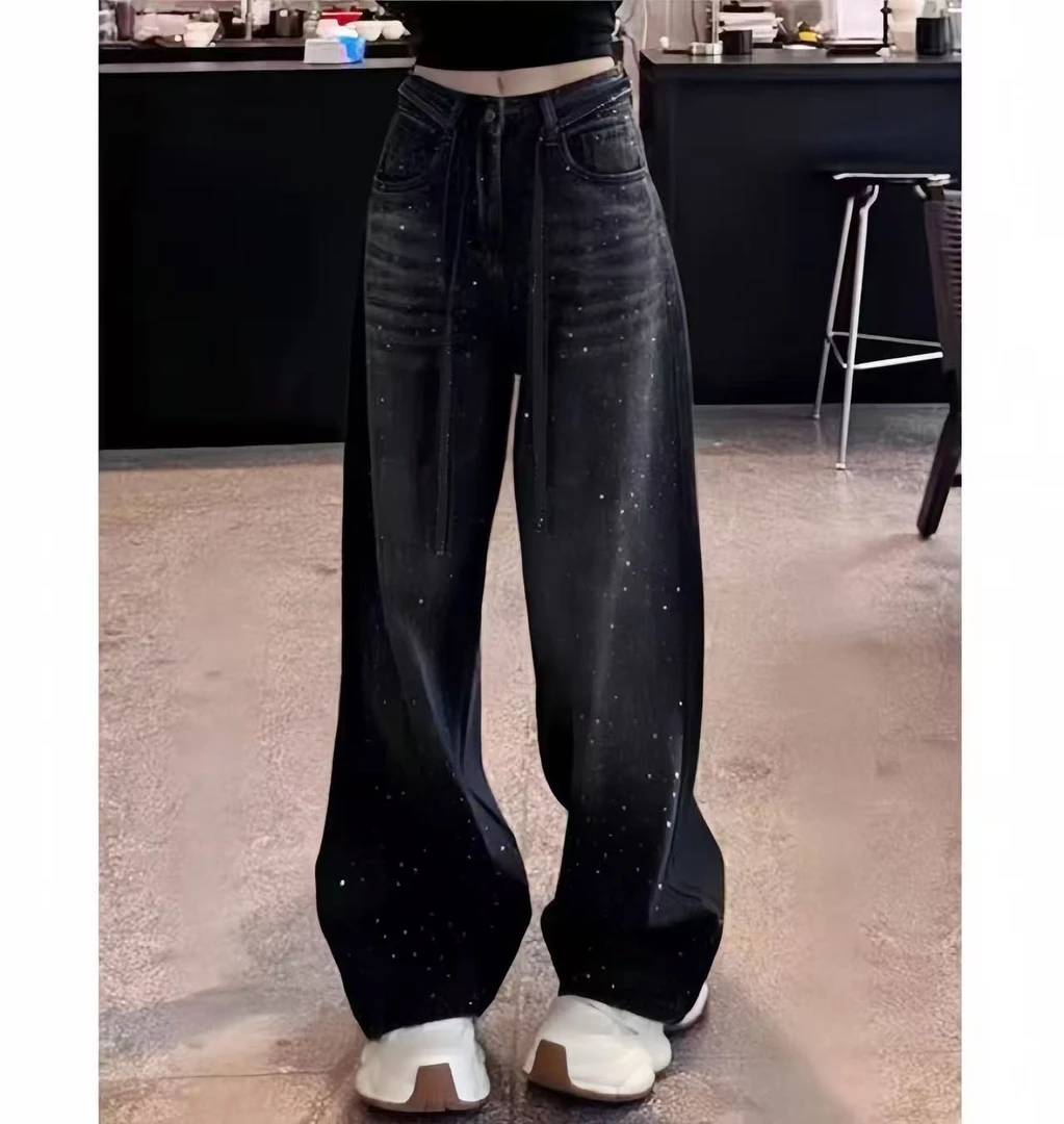 【钻石姐专享】b2055韩版牛仔裤新款秋季百搭高腰宽松满天星阔腿裤