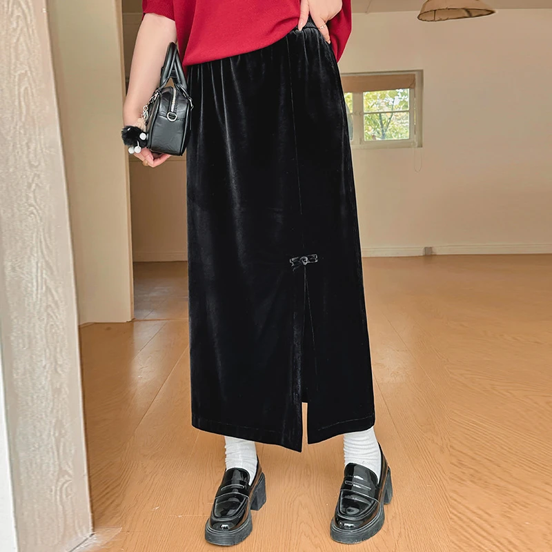 大码女装国风盘扣半身裙女丝绒裙2024秋胖mm高腰显瘦a字裙NQ1003