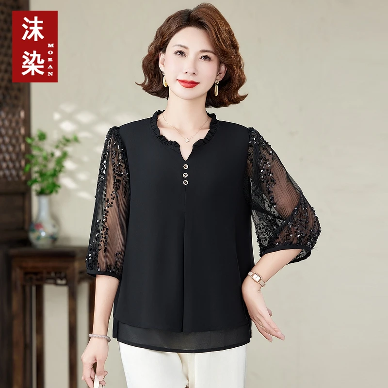 夏季新款妈妈装短袖小衫气质时尚中老年女装宽松薄款雪纺中袖上衣