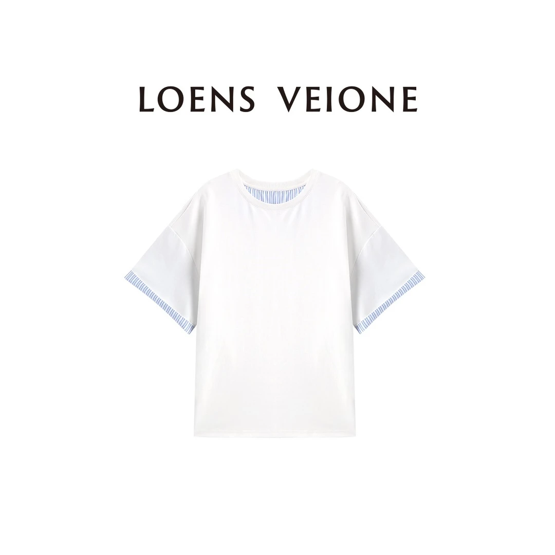 LOENS VEIONE/罗拉【棉】蓝白条纹圆领宽松短袖T恤25CVBZ0003N