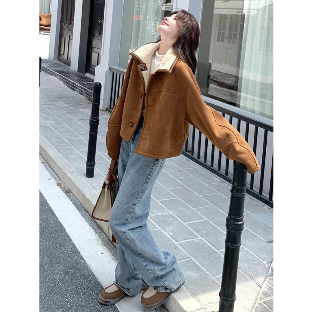 双面穿皮毛一体外套女冬季短款2025加厚保暖羊羔毛麂皮绒夹克上衣